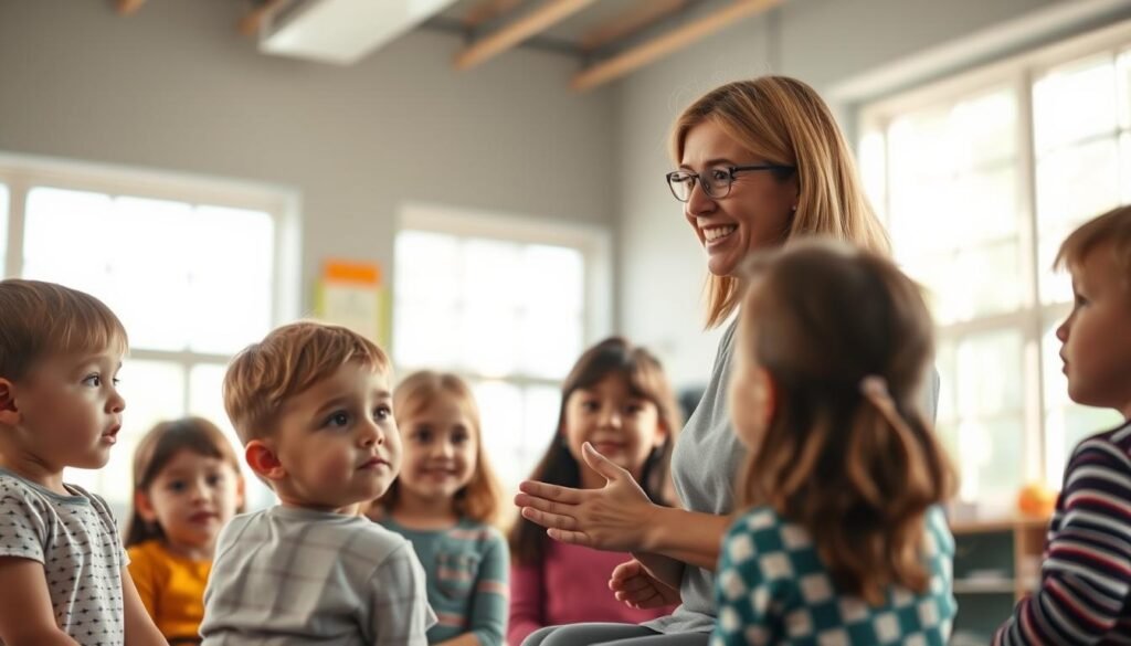 A peaceful classroom setting, sunlight streaming through large windows. In the foreground, a group of children gathered around a caring teacher, their faces attentive as she demonstrates the use of "I-Statements" - simple phrases that express their feelings and needs in a constructive way. The teacher's kind expression and welcoming body language inspire the kids to open up and practice this valuable communication skill. The background is softly blurred, emphasizing the intimate, collaborative atmosphere of the lesson. A sense of trust and understanding pervades the scene, as the children learn to advocate for themselves with confidence and empathy.