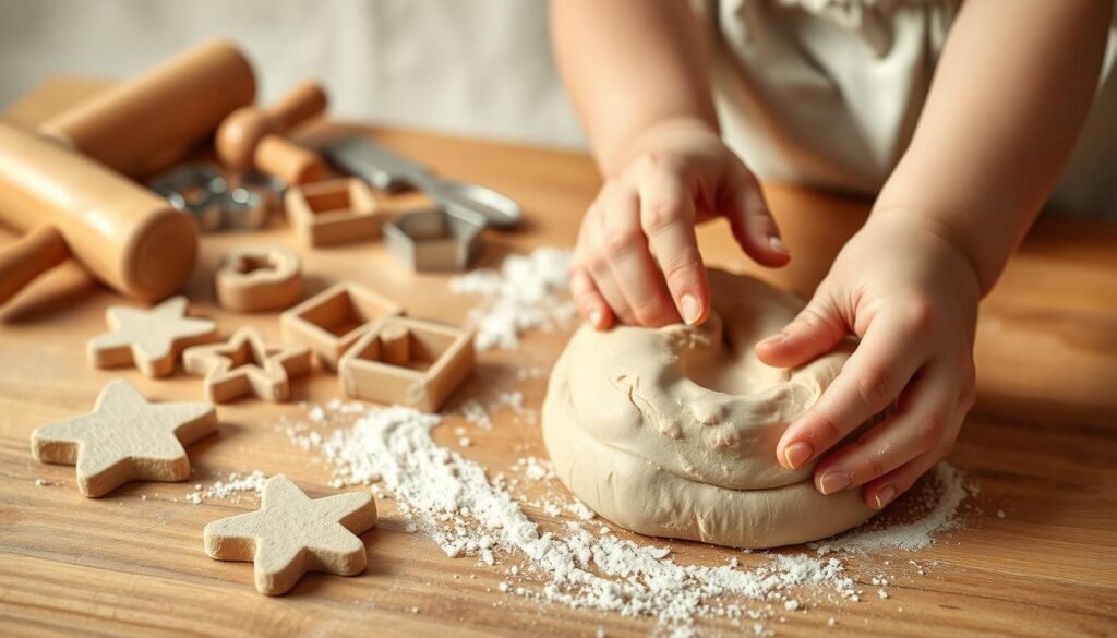 A playful and textural homemade clay for kids, with a soft, matte finish. In the foreground, a child's hands gently molding the clay into whimsical shapes, their fingers leaving delicate impressions. The middle ground features an assortment of simple clay tools - rolling pins, cookie cutters, and sculpting tools - scattered across a wooden surface. In the background, a soft, neutral-toned background, like a linen or paper texture, provides a calming and inviting atmosphere. The lighting is natural and diffused, casting soft shadows and highlighting the tactile qualities of the homemade clay. An image that captures the joy and creativity of crafting with simple, recycled materials.
