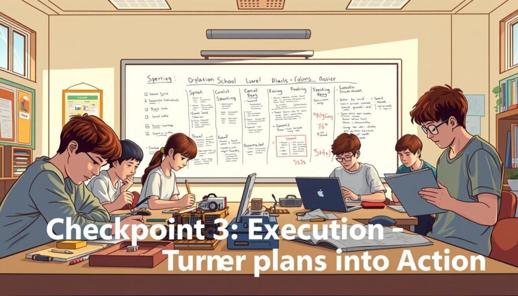 A school project execution progress scene, captured in a detailed, realistic illustration. In the foreground, a group of students engaged in various tasks - one building a model, another coding on a laptop, and a third sketching plans. The middle ground showcases a whiteboard filled with notes and timelines, conveying the organized workflow. In the background, a well-lit classroom setting with windows and educational posters, evoking a productive, focused atmosphere. The lighting is natural, with warm hues and soft shadows, creating a sense of progress and momentum. The overall composition suggests a collaborative, hands-on approach to project execution, aligning with the section title "Checkpoint 3: Execution - Turning Plans into Action".