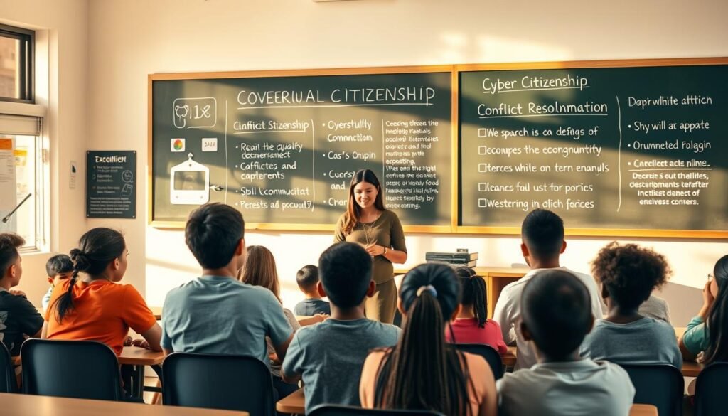 A serene classroom setting with students of diverse backgrounds engaged in thoughtful discussions and collaborative activities, fostering an inclusive environment. The scene is bathed in warm, natural lighting, creating a sense of openness and safety. In the background, a large chalkboard displays visuals and reminders about digital citizenship, cyberbullying prevention, and conflict resolution strategies. The teacher, a caring and attentive figure, guides the students, encouraging empathy, open communication, and the development of strong online communities.