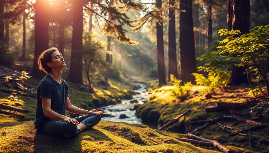 A serene forest glade, sunlight filtering through the lush foliage, casting a warm, golden glow. In the foreground, a person sits cross-legged on the mossy ground, eyes closed in deep meditation, their expression calm and focused. The middle ground features a tranquil stream winding its way through the scene, its gentle sounds adding to the sense of peaceful contemplation. The background showcases towering trees, their branches reaching skyward, creating a natural cathedral-like atmosphere. The overall mood is one of harmony, balance, and the restorative power of immersing oneself in the beauty of the natural world.