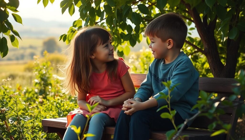 A serene garden scene with a pair of children, a boy and a girl, sitting on a wooden bench surrounded by lush greenery. The children are engaged in a thoughtful conversation, their faces expressing empathy and kindness as they listen to each other attentively. The sunlight filters through the leaves, casting a warm, gentle glow on the scene. The background features a picturesque landscape with rolling hills and a distant, softly blurred horizon. The composition is balanced, with the children as the focal point, creating a sense of tranquility and understanding.
