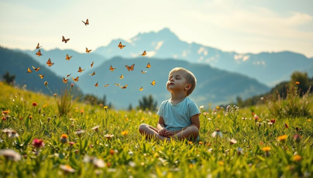 A serene, sun-dappled meadow, with lush green grass and vibrant wildflowers swaying gently in a light breeze. In the foreground, a young child sits cross-legged, eyes closed, hands resting on their knees. An aura of calm and introspection surrounds them, as they engage in positive self-talk, affirming their strengths and potential. In the middle ground, a flock of butterflies flutters and dances, symbolizing the transformative power of self-belief. In the distance, a majestic mountain range rises, its peaks bathed in golden light, reflecting the child's aspirations and the boundless possibilities that lie ahead. Soft, diffused lighting creates a warm, hopeful atmosphere, evoking a sense of inner peace and personal growth.