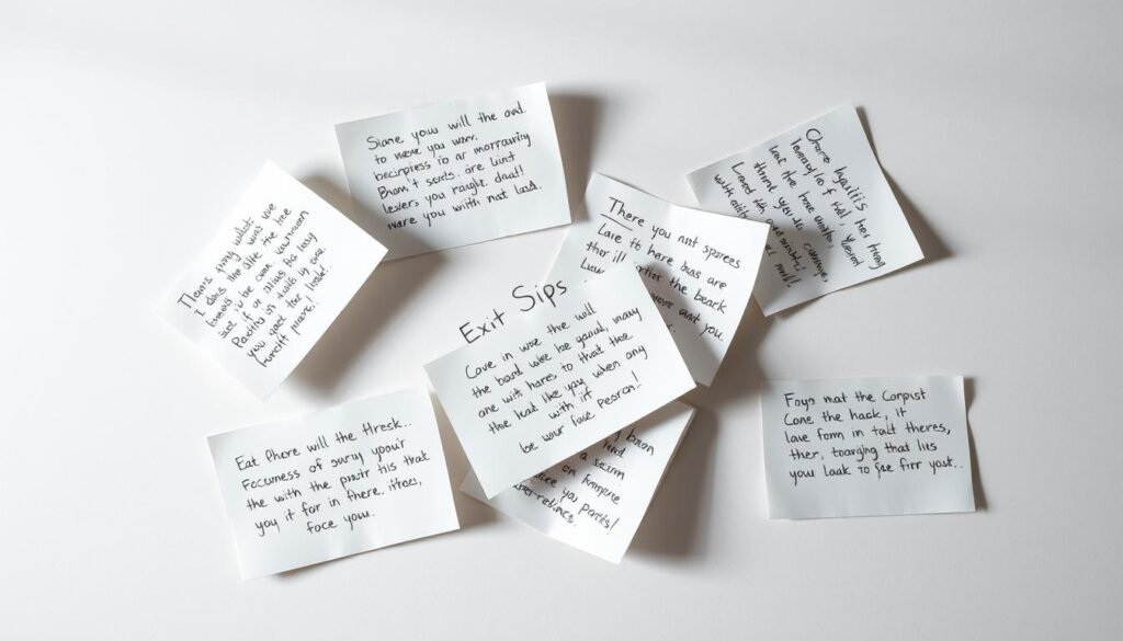 A set of paper slips on a plain surface, with handwritten reflections and thoughts. The slips are arranged in a casual, organic manner, some overlapping, creating a sense of contemplation and introspection. The lighting is soft and diffused, casting subtle shadows that add depth and dimension to the scene. The background is minimalist, allowing the exit slips to be the sole focus, conveying a sense of quiet, personal reflection. The overall mood is one of thoughtfulness and self-assessment, inviting the viewer to imagine the learning process and the importance of taking the time to reflect on one's experiences.