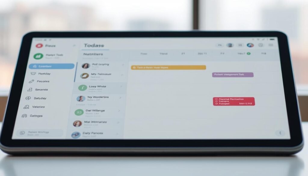 A sleek and modern task management app interface, displayed on a high-resolution tablet device. The foreground features a clean, minimalist design with intuitive icons and a well-organized task list. The middle ground showcases a calendar view, allowing users to visualize their upcoming deadlines and priorities. In the background, a subtle gradient or blurred cityscape creates a serene, productive atmosphere. The lighting is soft and natural, creating a calming, focused ambiance. The camera angle is slightly tilted, giving the image a dynamic, user-centric perspective. Overall, the image conveys the simplicity and efficiency of the "Todoist" task management app, perfectly suited to illustrate the "Simplifying Task Management" section of the "Homework Scheduler" article.