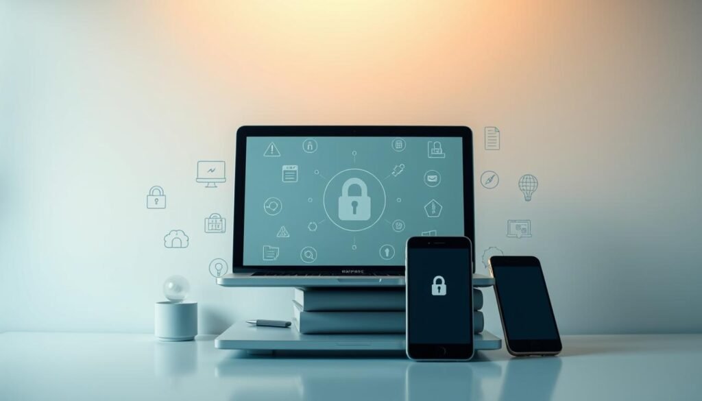 A sleek, minimalist digital privacy resources display. In the foreground, a stack of contemporary digital devices like a laptop, tablet, and smartphone, all with privacy icons and indicators. The middle ground features various digital privacy-themed icons, symbols, and infographic elements subtly integrated into the design. The background is a serene, ethereal blend of soft, cool-toned gradients, evoking a sense of digital security and protection. Warm, directional lighting creates depth and highlights the clean, sophisticated aesthetic. The composition is balanced, elegant, and inviting, guiding the viewer's attention to the core digital privacy resources.