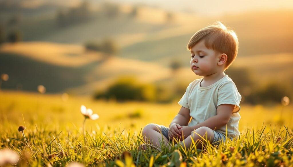 A sunlit meadow with a child sitting cross-legged, eyes closed, hands gently resting on their lap. In the foreground, a delicate flower blooms, petals unfurling in the gentle breeze. The child's expression is one of calm and serenity, their body language conveying a sense of mindfulness and inner peace. In the middle ground, a soft, blurred landscape of rolling hills and distant trees, painted in muted, earthy tones. The background is bathed in a warm, golden light, creating a serene and inviting atmosphere. The overall scene evokes a sense of balance, resilience, and healthy coping mechanisms for managing stress and anxiety. A sunlit meadow with a child sitting cross-legged, eyes closed, hands gently resting on their lap. In the foreground, a delicate flower blooms, petals unfurling in the gentle breeze. The child's expression is one of calm and serenity, their body language conveying a sense of mindfulness and inner peace. In the middle ground, a soft, blurred landscape of rolling hills and distant trees, painted in muted, earthy tones. The background is bathed in a warm, golden light, creating a serene and inviting atmosphere. The overall scene evokes a sense of balance, resilience, and healthy coping mechanisms for managing stress and anxiety.