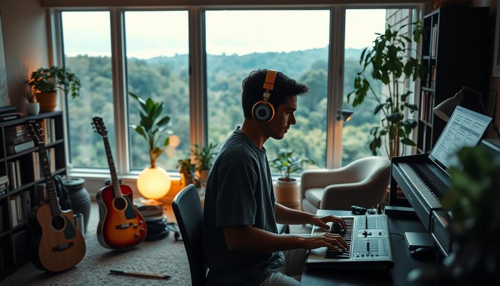 A tranquil workspace illuminated by soft, warm lighting. In the foreground, a person sits focused, headphones on, fingers gliding across a keyboard as they immerse themselves in their work. Surrounding them, an array of musical instruments - a guitar, a piano, and a pair of drumsticks - suggest the harmonious fusion of music and concentration. The middle ground features bookshelves, potted plants, and a cozy armchair, creating a serene, productive atmosphere. The background reveals a panoramic window, allowing natural light to filter in and providing a calming view of a lush, verdant landscape beyond.