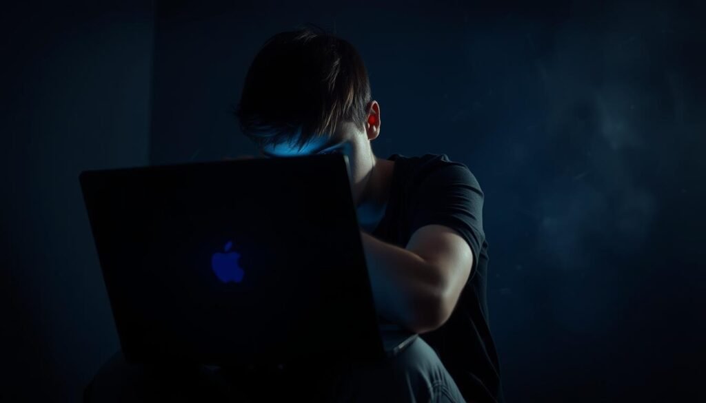 A troubled teenager sits alone in a dimly lit room, hunched over a laptop. The harsh blue glow from the screen casts eerie shadows across their face, conveying a sense of isolation and despair. The background is hazy, with shattering fragments of text and digital debris swirling around, symbolizing the overwhelming impact of cyberbullying. A subtle vignette effect creates a sense of claustrophobia, trapping the subject in a world of digital torment. The lighting is low-key, creating a somber, introspective mood that captures the emotional toll of online harassment on youth.