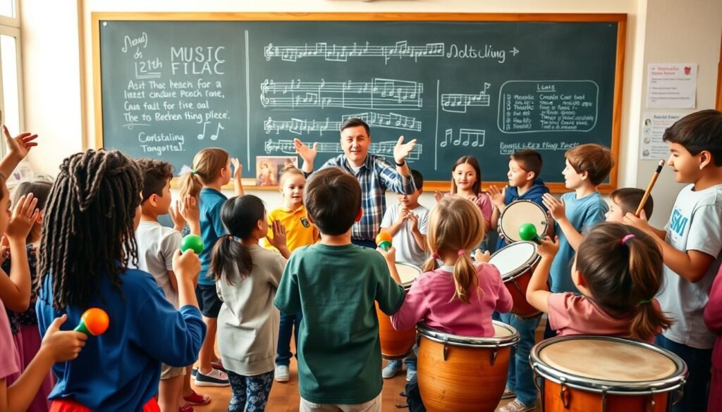 A vibrant and energetic scene of rhythmic and musical attention getters. In the foreground, a group of students enthusiastically clapping, tapping their feet, and swaying to the beat of a lively percussion ensemble. Colorful hand-held instruments like maracas, tambourines, and bongos create a captivating soundscape. In the middle ground, a teacher gestures animatedly, leading the class in a rhythmic call-and-response exercise. The background features a chalkboard with musical notes and other visual cues, setting the stage for an engaging and immersive learning environment. Warm, natural lighting illuminates the scene, highlighting the students' engaged expressions and the dynamic, rhythmic energy. A vibrant and energetic scene of rhythmic and musical attention getters. In the foreground, a group of students enthusiastically clapping, tapping their feet, and swaying to the beat of a lively percussion ensemble. Colorful hand-held instruments like maracas, tambourines, and bongos create a captivating soundscape. In the middle ground, a teacher gestures animatedly, leading the class in a rhythmic call-and-response exercise. The background features a chalkboard with musical notes and other visual cues, setting the stage for an engaging and immersive learning environment. Warm, natural lighting illuminates the scene, highlighting the students' engaged expressions and the dynamic, rhythmic energy.