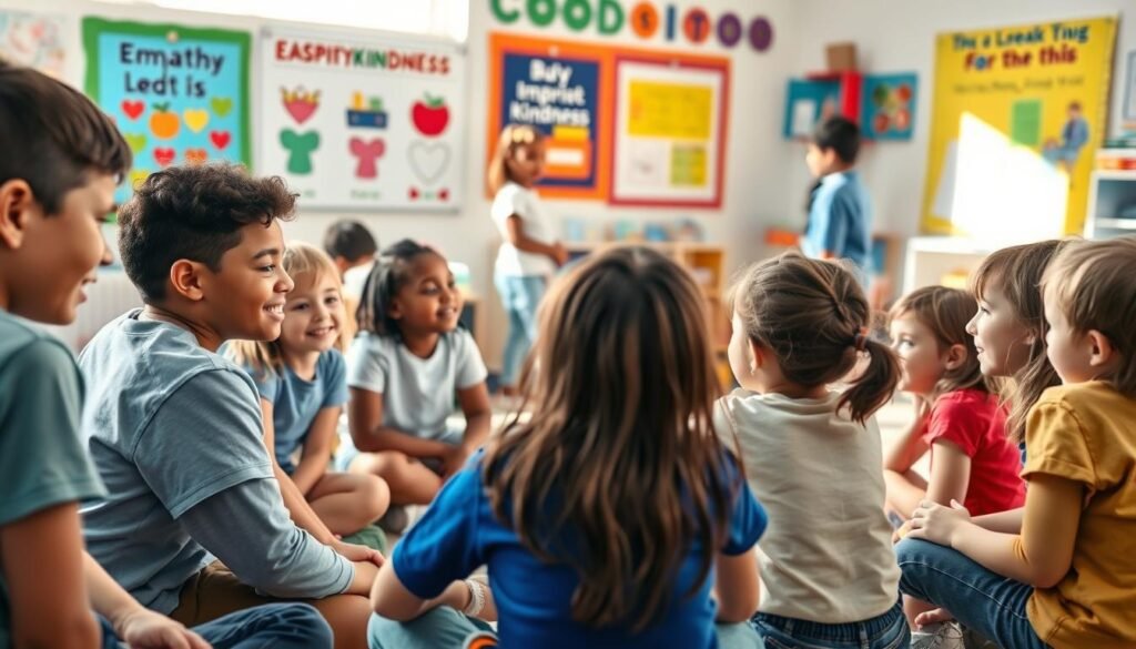 A vibrant and playful scene of children engaged in empathy-building activities. In the foreground, a group of diverse kids sit in a circle, their faces alight with compassion as they listen intently to one another. In the middle ground, two youngsters act out a role-playing scenario, demonstrating the art of perspective-taking. The background features a cozy, sunlit classroom setting, with colorful educational posters and learning materials that inspire kindness and understanding. Soft, natural lighting illuminates the scene, creating a warm and inviting atmosphere. The overall composition conveys the joyful and enriching nature of cultivating empathy in young minds. A vibrant and playful scene of children engaged in empathy-building activities. In the foreground, a group of diverse kids sit in a circle, their faces alight with compassion as they listen intently to one another. In the middle ground, two youngsters act out a role-playing scenario, demonstrating the art of perspective-taking. The background features a cozy, sunlit classroom setting, with colorful educational posters and learning materials that inspire kindness and understanding. Soft, natural lighting illuminates the scene, creating a warm and inviting atmosphere. The overall composition conveys the joyful and enriching nature of cultivating empathy in young minds.