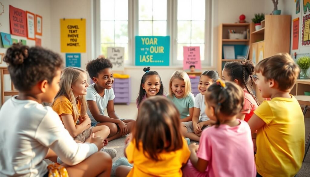 A vibrant, cheerful scene depicting positive self-talk activities for kids. In the foreground, a group of diverse children sit in a circle, engaged in an interactive group exercise. They speak affirmations to each other, their faces lit by warm, natural lighting. In the middle ground, colorful inspirational posters and motivational wall decals surround the children, creating an uplifting, encouraging atmosphere. The background features a cozy, welcoming classroom setting, with large windows letting in soft, diffused daylight. The overall mood is one of positivity, self-empowerment, and joyful self-exploration.