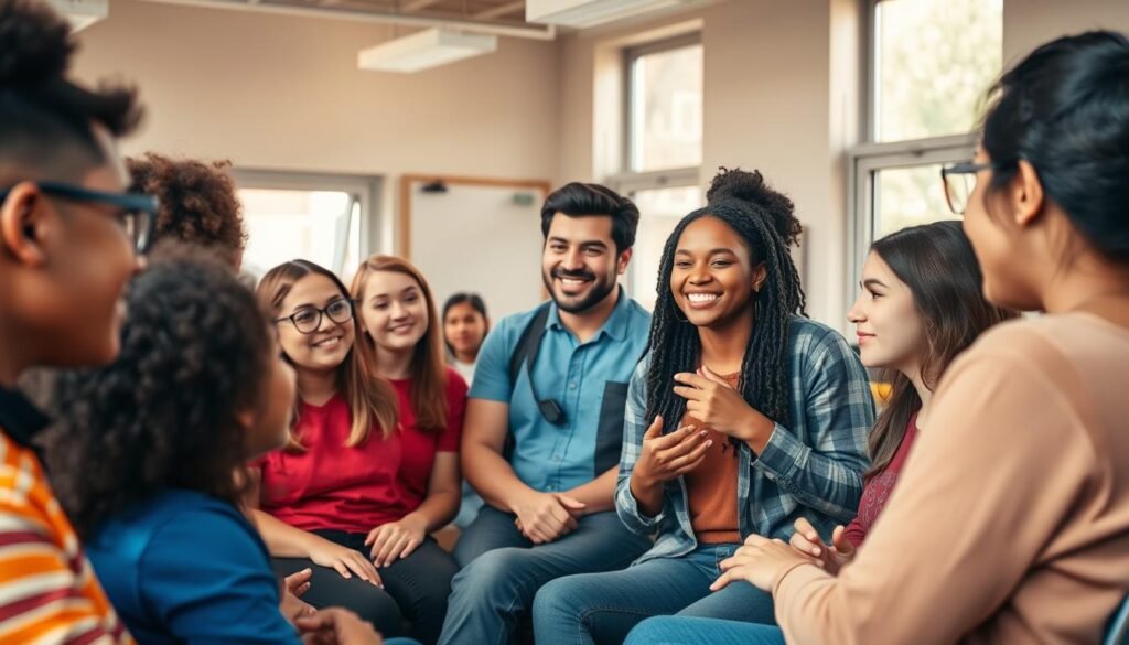 A vibrant classroom scene with students actively engaged in discussion. In the foreground, a group of diverse students animatedly sharing their ideas, their expressions reflecting thoughtful contemplation. The middle ground shows the teacher facilitating the dialogue, guiding the conversation with a warm, encouraging demeanor. In the background, the classroom is bathed in soft, natural light streaming through large windows, creating a welcoming, collaborative atmosphere. The students' body language and the teacher's attentive posture convey a sense of mutual respect and active participation, exemplifying the power of student voice in the learning environment.