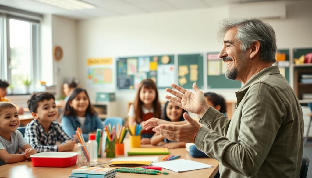 A vibrant classroom setting with a teacher enthusiastically engaging students through positive reinforcement techniques. In the foreground, the teacher is gesturing animatedly, their face alight with a warm, encouraging smile as they provide constructive feedback and praise. Surrounding them, a group of attentive students, their expressions attentive and receptive, eager to learn. The middle ground features a colorful array of educational supplies, posters, and learning materials, creating an inviting and stimulating environment. The background showcases a well-lit, modern classroom with large windows, allowing natural light to flow in and foster a sense of openness and positivity. The overall scene conveys a harmonious and productive learning atmosphere, where the teacher's use of positive reinforcement cultivates a nurturing and collaborative classroom dynamic. A vibrant classroom setting with a teacher enthusiastically engaging students through positive reinforcement techniques. In the foreground, the teacher is gesturing animatedly, their face alight with a warm, encouraging smile as they provide constructive feedback and praise. Surrounding them, a group of attentive students, their expressions attentive and receptive, eager to learn. The middle ground features a colorful array of educational supplies, posters, and learning materials, creating an inviting and stimulating environment. The background showcases a well-lit, modern classroom with large windows, allowing natural light to flow in and foster a sense of openness and positivity. The overall scene conveys a harmonious and productive learning atmosphere, where the teacher's use of positive reinforcement cultivates a nurturing and collaborative classroom dynamic.