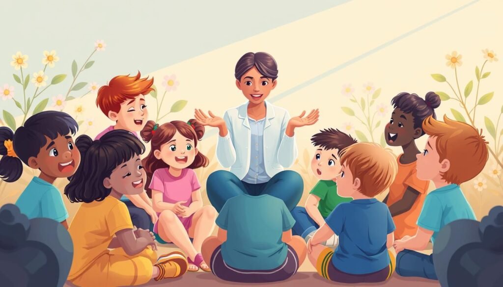 A vibrant, colorful illustration depicting the emotional health of children. In the foreground, a group of diverse children sit in a circle, their faces expressing a range of emotions - joy, sadness, anger, and calm. Their body language conveys openness and connection. In the middle ground, a therapist-like figure guides the children, using expressive hand gestures. The background features a warm, nurturing environment, with soothing pastel colors, soft lighting, and calming nature elements like flowers and trees. The overall scene radiates a sense of emotional well-being, safety, and support for the children's mental and psychological development.