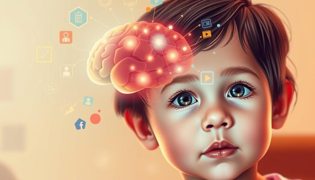 A vibrant, detailed illustration depicting the cognitive benefits of bilingualism. In the foreground, a young child's face, eyes alight with curiosity, surrounded by glowing symbols and icons representing enhanced memory, problem-solving, and multitasking abilities. In the middle ground, a stylized brain, its neural pathways illuminated, showcasing the increased connectivity and flexibility associated with bilingual brains. In the background, a warm, inviting palette of colors, with geometric shapes and patterns symbolizing the cognitive advantages of speaking multiple languages. Soft, diffused lighting casts an ethereal glow, capturing the mental acuity and intellectual potential of bilingual development.