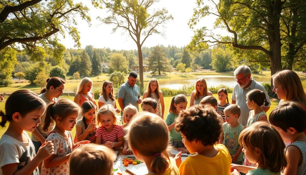 A vibrant homeschool community gathering in a sun-dappled outdoor setting. In the foreground, a diverse group of children engaged in hands-on learning activities, their faces alight with curiosity and joy. In the middle ground, parents and educators exchange ideas and support one another, fostering a nurturing environment. The background depicts a lush, verdant landscape with towering trees and a serene pond, creating a sense of tranquility and connection to nature. Warm, golden lighting bathes the scene, reflecting the warmth and camaraderie of this close-knit community. Captured through the lens of a wide-angle camera, the image conveys a sense of inclusivity, collaboration, and the boundless possibilities of homeschooling.