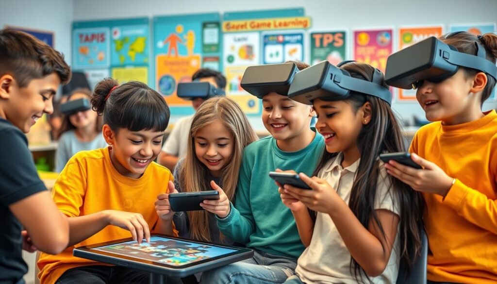 A vibrant, interactive classroom scene with students of diverse backgrounds engaged in various educational gaming activities. In the foreground, a group of students collaboratively solving a puzzle on digital tablets, their faces alight with enthusiasm. In the middle ground, others are immersed in virtual reality headsets, exploring interactive educational simulations. The background features a display of colorful, gamified learning materials and posters, creating an atmosphere of playful, technology-enhanced education. Soft, warm lighting illuminates the scene, and the composition is balanced, with a focus on the students' engaged expressions and the integration of game-based learning elements.