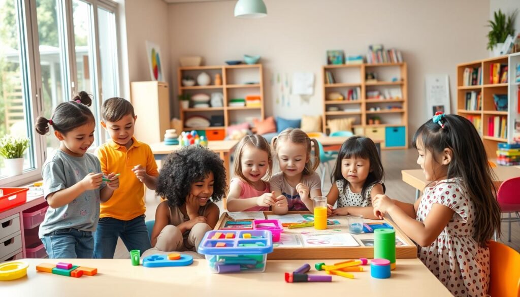 A vibrant, inviting classroom setting with engaging activities for kids. In the foreground, a group of diverse children joyfully participate in a hands-on STEM experiment, surrounded by colorful educational materials and manipulatives. The middle ground features an arts and crafts station, where kids create imaginative projects using various media. In the background, a reading nook with cozy pillows and shelves of children's books encourages independent exploration. The room is well-lit, with natural light streaming in through large windows, creating a warm, cheerful atmosphere. The overall scene conveys a sense of learning through play, nurturing curiosity and creativity in a dynamic, stimulating environment.