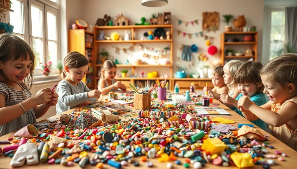 A vibrant, whimsical scene of a children's craft room, bathed in warm natural light filtering through large windows. In the foreground, a table overflows with an array of colorful upcycled materials - scraps of fabric, buttons, beads, and recycled household items. Eager young hands busily create unique projects, their faces alight with joy and concentration. In the middle ground, shelves display an eclectic mix of finished crafts, each one a testament to the ingenuity and imagination of the young artists. The background softly fades into a cozy, inviting space, hinting at the boundless creativity that flourishes here. A sense of playfulness and discovery permeates the entire scene, capturing the essence of "Fun and Easy Projects for Kids".