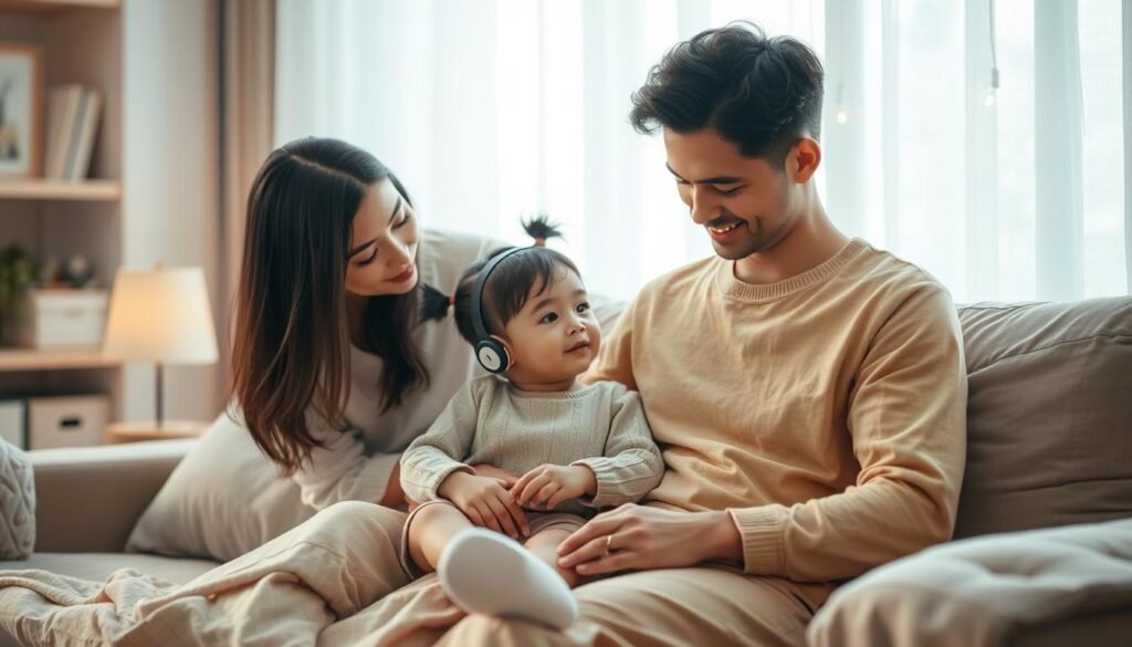A warm, cozy domestic scene depicting a parent and a language model sitting together, creating a harmonious environment for bilingual child-rearing. The parent, dressed in comfortable, natural-toned clothing, tenderly interacts with the language model, which appears as a futuristic yet approachable AI assistant. Soft, diffused lighting creates a soothing ambiance, while the background features subtle, dreamlike elements that evoke a sense of nurturing and intellectual growth. The composition emphasizes the collaborative, supportive nature of this "one parent-one language model" approach to raising bilingual children.