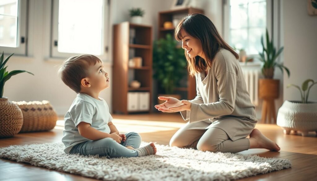 A warm, inviting room with a cozy atmosphere. In the foreground, a young child sitting cross-legged on a plush rug, looking up attentively at an adult figure kneeling beside them, making eye contact and leaning in with a gentle, empathetic expression. The adult's posture and body language convey a sense of active listening, their hands open and welcoming. Soft, natural lighting filters in through large windows, casting a soft glow on the scene. The background features simple, comforting decor like bookshelves and plants, creating a safe, nurturing environment conducive to open and thoughtful communication.