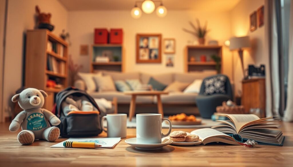 A warm, well-lit room with various everyday objects arranged to illustrate different emotional states. In the foreground, a child's toys and personal items like a stuffed animal, a crayon drawing, and a backpack, each subtly conveying a distinct emotion. In the middle ground, household items like a mug, a plate of food, and a book, showcasing more complex emotional expressions. The background features a cozy interior with soft, natural lighting, creating a sense of comfort and introspection. The overall scene aims to provide relatable, approachable examples of the emotion wheel for a young audience.
