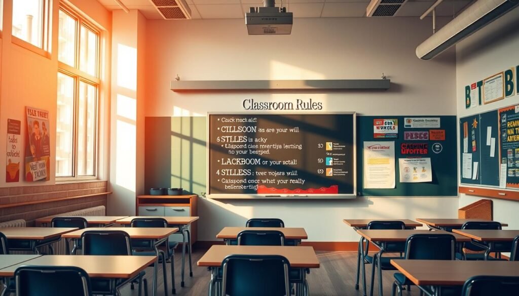 A well-lit classroom with a vibrant chalkboard or whiteboard at the front, showcasing a thoughtfully curated set of classroom rules. The rules are presented in a clear, organized manner, with simple iconography and minimal text to convey the key guidelines. The desks and chairs are arranged in a tidy, inviting layout, creating a sense of structure and order. Warm, natural lighting filters in through large windows, casting a welcoming glow over the entire scene. The walls are adorned with inspiring artwork and educational posters, reflecting a nurturing, collaborative learning environment. The overall mood is one of structure, clarity, and a shared commitment to a positive classroom experience.