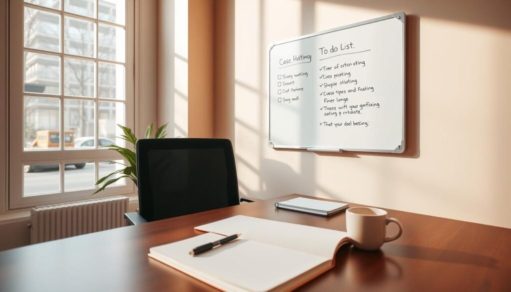 A well-lit office space with a desk, chair, and a wall-mounted whiteboard. On the desk, an open notebook, a pen, and a cup of coffee, conveying a sense of focus and productivity. The whiteboard displays a simple, yet structured to-do list, representing the organization and accountability central to building consistency. The room has a warm, inviting atmosphere, with natural light streaming in through large windows, casting a soft glow on the scene. The angle is slightly elevated, giving a sense of the viewer's presence in the space, observing the process of establishing and maintaining a productive routine.