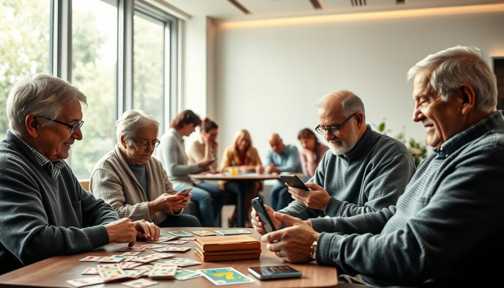 A well-lit, photorealistic scene of adults engaged in various brain training exercises. In the foreground, a group of mature individuals concentrating intently on memory-enhancing activities like card games, number puzzles, and interactive digital apps. In the middle ground, additional adults of diverse ages collaborating on cognitive challenges, fostering an atmosphere of intellectual stimulation and camaraderie. The background features a modern, minimalist interior design with large windows allowing natural light to flood the space, creating a serene and focused environment conducive to mental acuity. The overall mood is one of energetic engagement, with the adults visibly deriving pleasure and a sense of personal growth from their brain training pursuits.