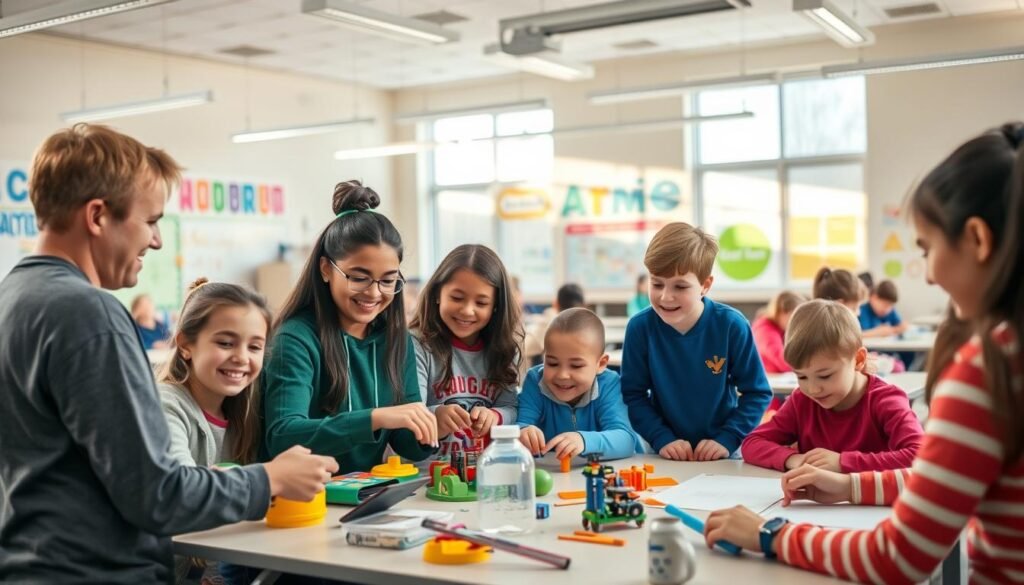 A well-lit, spacious classroom with cheerful students eagerly engaged in a hands-on learning activity. In the foreground, a group of students clustered around a teacher, their faces alight with curiosity as they experiment with various educational tools and materials. In the middle ground, additional students work collaboratively at their desks, sharing ideas and solving problems together. The background features colorful displays, interactive whiteboards, and a general atmosphere of excitement and discovery. Warm, natural lighting filters in through large windows, creating a welcoming and inviting environment that inspires learning and exploration.