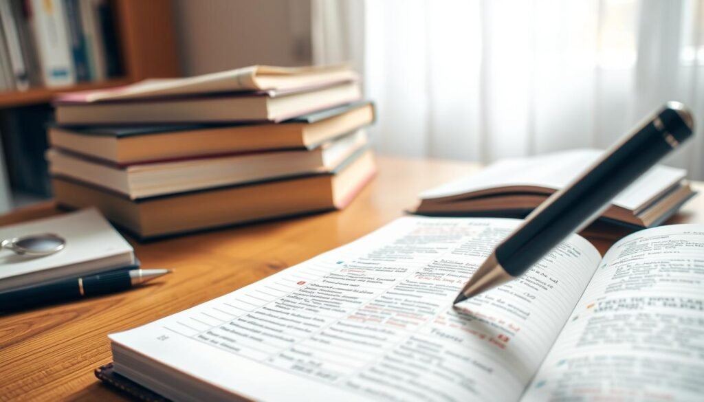 A well-lit study room with a wooden desk, a stack of books, and an open notebook. In the foreground, a pen hovers over the page, ready to add annotations. The notebook is filled with symbols, color-coded highlights, and neatly written margin notes, reflecting different annotation strategies. The background is softly blurred, creating a focused, studious atmosphere. The lighting is warm and natural, casting a gentle glow on the scene. The overall composition conveys a sense of organization, attention to detail, and a thoughtful approach to understanding the text.