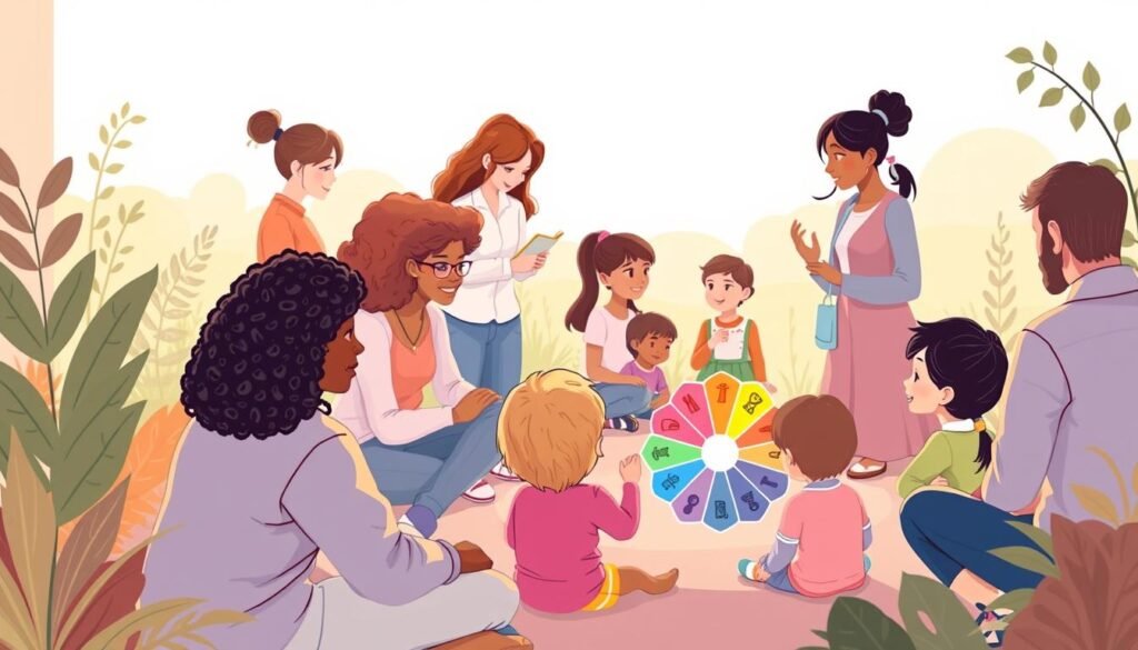 An illustrated set of thoughtful tips for parents and educators, presented in a warm, inviting style. A soft, natural lighting illuminates a scene of diverse individuals engaging with children, guiding them through emotional experiences. In the foreground, a parent and child sit together, discussing feelings using a colorful emotion wheel. In the middle ground, educators lead group activities, demonstrating techniques to foster emotional intelligence. The background features a serene, nature-inspired setting, conveying a sense of calm and nurturing. The overall mood is one of care, understanding, and a collaborative approach to supporting children's emotional development.