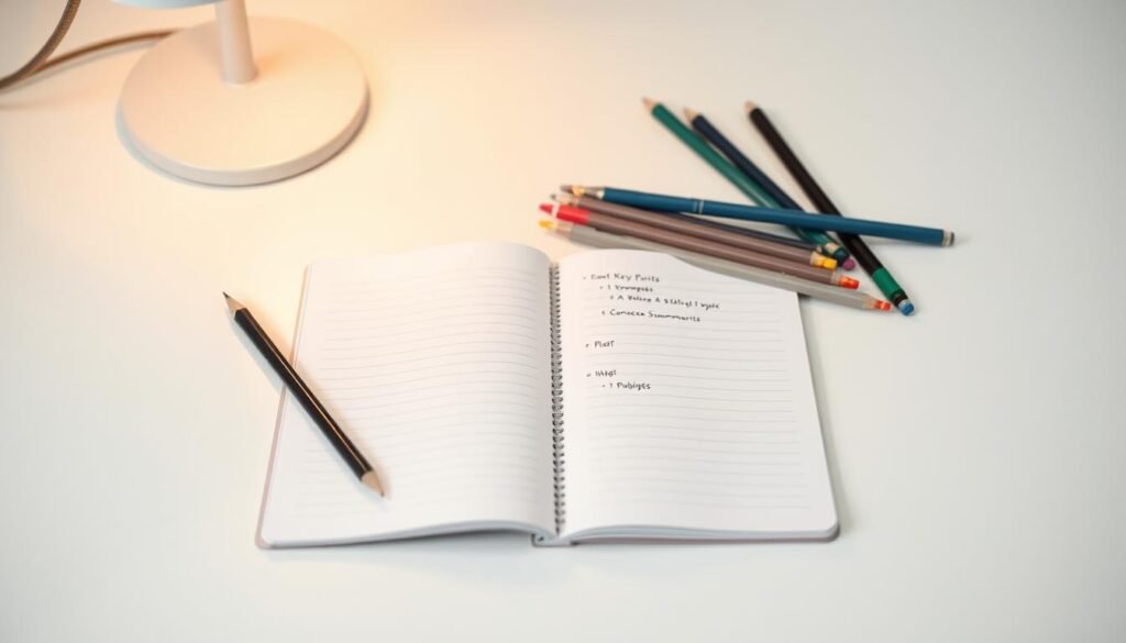 Effective note-taking structure: A clean, minimalist desk surface with a crisp white notebook, a well-sharpened pencil, and a neatly organized array of colored pens. The notebook pages are divided into distinct sections - a main column for key points, a narrow column for concise summaries, and a wide margin for additional annotations and diagrams. Soft, warm lighting emanates from a desk lamp, casting a subtle glow and creating a focused, productive atmosphere. The composition is framed by a clean, uncluttered background, emphasizing the simplicity and efficiency of this note-taking setup.