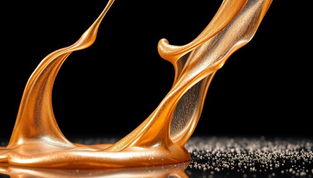 Magnetic slime, a captivating mixture of viscous gel and iron filings, floats and twists in a mesmerizing dance. In the foreground, the slime oozes and stretches, its shimmering, metallic surface reflecting the bright, directional lighting. The middle ground reveals the slime's response to a nearby magnetic field, the iron particles aligning and creating intricate patterns. In the background, a dark, minimalist backdrop allows the slime's dynamic movements to take center stage, creating a sense of wonder and scientific curiosity. The overall mood is one of fascination, inviting the viewer to explore the hidden properties of this playful, yet educational, substance.