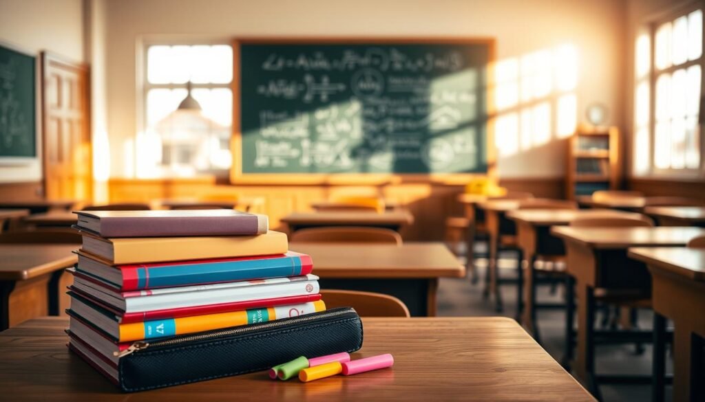 Prompt A serene, sun-dappled classroom scene with wooden desks and blackboard. In the foreground, a stack of colorful math textbooks and a pencil case with various geometric shapes. In the middle ground, a chalkboard displaying mathematical formulas and diagrams, conveying a sense of learning and understanding. The background features large windows letting in warm, natural light, creating a calming and inviting atmosphere. The overall mood is one of focus, confidence, and the joy of mastering numerical concepts.