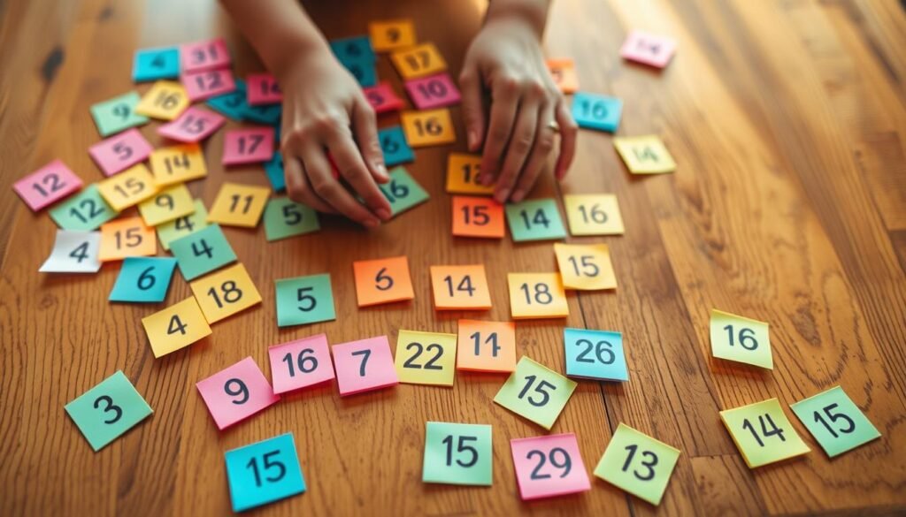 Sticky note number match activity. On a wood-grain table, a scattered array of colorful sticky notes, each displaying a unique number. In the foreground, two hands carefully arranging the notes in numerical order, creating a visually appealing pattern. Soft, natural lighting casts a warm glow, highlighting the tactile nature of the materials. The background is blurred, keeping the focus on the interactive hands and the organized sticky notes. The overall atmosphere is one of concentration, learning, and the joy of hands-on problem-solving.