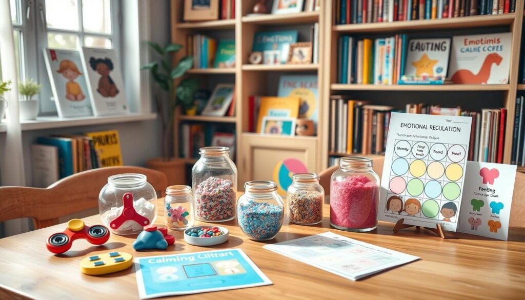 Vibrant and informative educational resources for teaching emotional regulation to children. A cozy, well-lit study with a wooden desk displaying a variety of engaging tools - colorful fidget spinners, calming glitter jars, and a feelings chart. Bookshelves in the background hold child-friendly books on emotions and self-regulation strategies. Soft natural lighting filters through the window, creating a serene and inviting atmosphere. The overall scene exudes a sense of warmth, comfort, and a dedication to nurturing emotional intelligence in young learners.