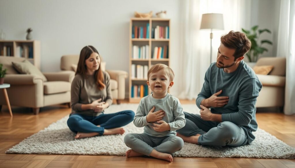 Warm, soft-lit living room scene. In the foreground, a mother and father sitting cross-legged on the floor, patiently guiding their young child through a series of calm-down techniques. The child's face is relaxed, eyes closed, hands placed gently on their belly, as the parents demonstrate deep breathing and progressive muscle relaxation. The middle ground shows cozy armchairs, a plush rug, and a bookshelf stocked with parenting resources. The background subtly blurs, suggesting a serene, nurturing atmosphere conducive to emotional regulation. Muted colors, natural lighting, and an overall sense of tranquility convey the importance of parents modeling and teaching calming strategies to their children. Warm, soft-lit living room scene. In the foreground, a mother and father sitting cross-legged on the floor, patiently guiding their young child through a series of calm-down techniques. The child's face is relaxed, eyes closed, hands placed gently on their belly, as the parents demonstrate deep breathing and progressive muscle relaxation. The middle ground shows cozy armchairs, a plush rug, and a bookshelf stocked with parenting resources. The background subtly blurs, suggesting a serene, nurturing atmosphere conducive to emotional regulation. Muted colors, natural lighting, and an overall sense of tranquility convey the importance of parents modeling and teaching calming strategies to their children.