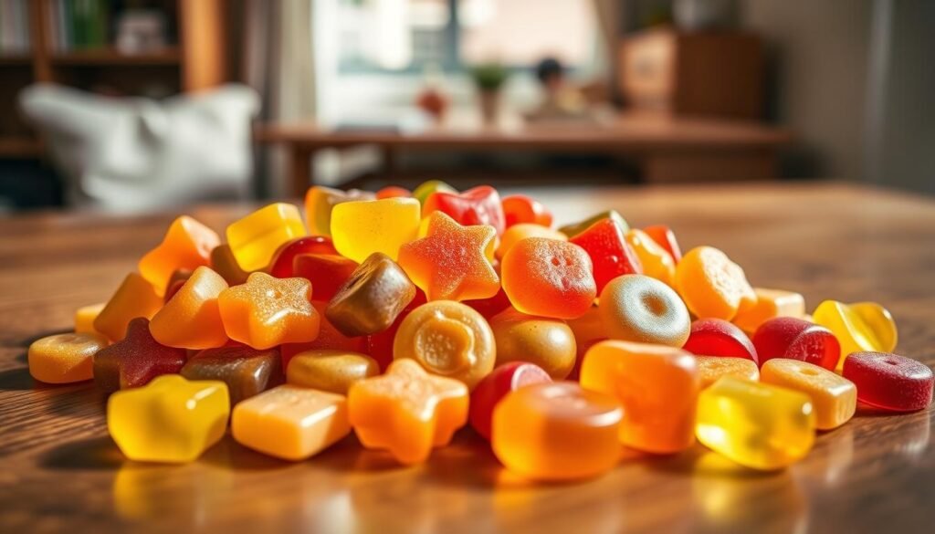 a highly detailed, photorealistic, wide-angle close-up shot of a pile of chewable, colorful, fruit-flavored supplement gummies for children, arranged on a wooden table in a warm, natural lighting setting. The gummies have a glossy, appealing texture and are in various shapes like stars, hearts, and circles. The background is blurred, but hints at a cozy, inviting atmosphere, with soft shadows and gentle highlights. The overall mood is playful, healthy, and appetizing, perfectly suited to illustrate a section on using a focus-boosting supplement for kids.
