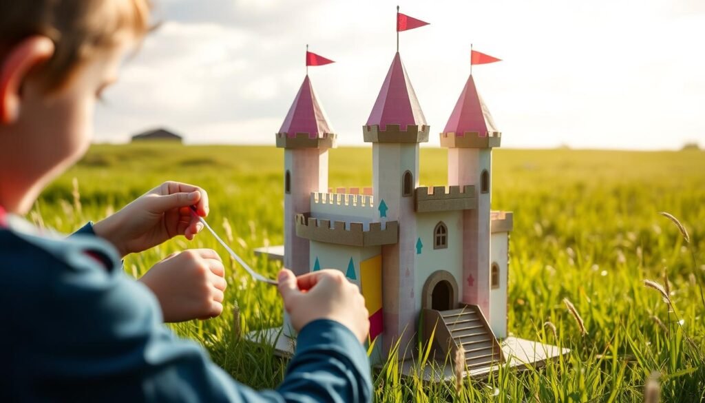 a whimsical, colorful castle made from recycled materials like cardboard, paper, and glue, standing in a lush, verdant meadow on a sunny day. The castle features playful turrets, drawbridges, and flags fluttering in a gentle breeze. Children's hands carefully crafting and assembling the castle, their faces filled with concentration and joy. Soft, diffused lighting illuminates the scene, creating a warm, inviting atmosphere. The castle's vibrant hues and imaginative design inspire creativity and foster a sense of wonder. A delightful, handmade representation of the joy of crafting for kids.