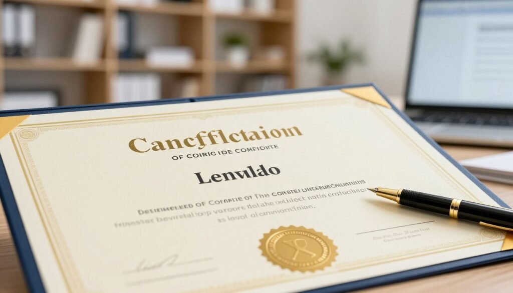 A close-up view of a professional-looking certificate of completion, elegantly designed with a gold foil seal and intricate borders. The certificate features a blank space for a name, a course title, and a date prominently displayed. In the foreground, a stylized pen rests next to the certificate, suggesting the finalization of recognition. The middle ground shows a blurred background of a modern office space, with bookshelves and a laptop emitting soft, diffused lighting, creating a warm and inspiring atmosphere. The overall mood is professional and uplifting, emphasizing the achievement of personal and professional growth. The lighting is bright yet soft, highlighting the textures of the paper and the gleam of the seal while maintaining a clean, organized appearance throughout the image. A close-up view of a professional-looking certificate of completion, elegantly designed with a gold foil seal and intricate borders. The certificate features a blank space for a name, a course title, and a date prominently displayed. In the foreground, a stylized pen rests next to the certificate, suggesting the finalization of recognition. The middle ground shows a blurred background of a modern office space, with bookshelves and a laptop emitting soft, diffused lighting, creating a warm and inspiring atmosphere. The overall mood is professional and uplifting, emphasizing the achievement of personal and professional growth. The lighting is bright yet soft, highlighting the textures of the paper and the gleam of the seal while maintaining a clean, organized appearance throughout the image.