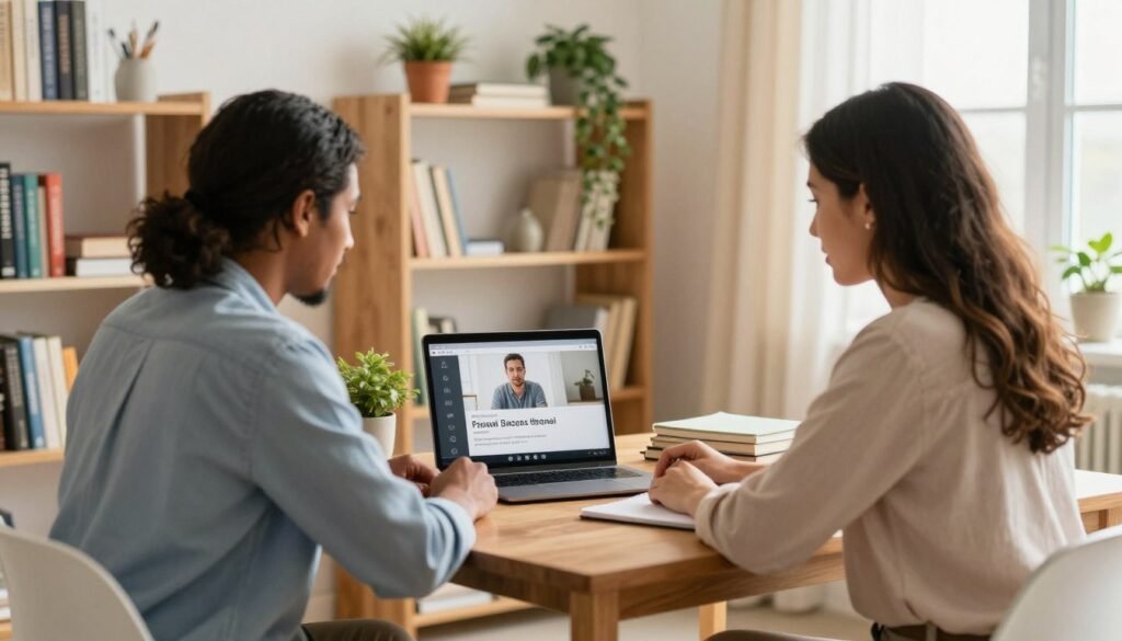 A cozy and inviting home office setup featuring two individuals engaged in a one-on-one video language lesson. In the foreground, a diverse male and female tutor and student are seated at a stylish wooden desk, focused on a laptop screen displaying a language lesson interface. Both are dressed in smart casual attire, indicating professionalism and comfort. In the middle, the room is furnished with bookshelves filled with language textbooks and decorative plants, creating a warm atmosphere. In the background, natural light streams in through a window, accentuating the vibrant colors and creating a bright, uplifting mood. The camera angle captures the interaction between the two, emphasizing engagement and collaboration in a relaxed educational environment. A cozy and inviting home office setup featuring two individuals engaged in a one-on-one video language lesson. In the foreground, a diverse male and female tutor and student are seated at a stylish wooden desk, focused on a laptop screen displaying a language lesson interface. Both are dressed in smart casual attire, indicating professionalism and comfort. In the middle, the room is furnished with bookshelves filled with language textbooks and decorative plants, creating a warm atmosphere. In the background, natural light streams in through a window, accentuating the vibrant colors and creating a bright, uplifting mood. The camera angle captures the interaction between the two, emphasizing engagement and collaboration in a relaxed educational environment.