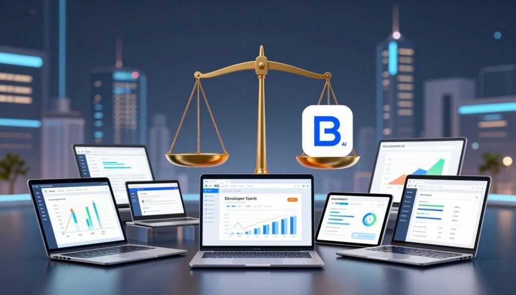 A detailed and visually engaging comparison graphic showcasing developer tools, emphasizing BLACKBOX.AI. In the foreground, display various developer tools in sleek, modern designs, including laptops, tablets, and graphs comparing performance metrics. In the middle, place an elegant balance scale, symbolizing evaluation, with the BLACKBOX.AI logo prominently featured on one side. The background should feature a futuristic, tech-themed cityscape, with soft, ambient lighting that highlights the tools and scale, creating a sense of innovation and progress. Use a slightly blurred depth of field to focus attention on the foreground elements. The overall mood should convey professionalism and advancement in technology, ideal for a business context. A detailed and visually engaging comparison graphic showcasing developer tools, emphasizing BLACKBOX.AI. In the foreground, display various developer tools in sleek, modern designs, including laptops, tablets, and graphs comparing performance metrics. In the middle, place an elegant balance scale, symbolizing evaluation, with the BLACKBOX.AI logo prominently featured on one side. The background should feature a futuristic, tech-themed cityscape, with soft, ambient lighting that highlights the tools and scale, creating a sense of innovation and progress. Use a slightly blurred depth of field to focus attention on the foreground elements. The overall mood should convey professionalism and advancement in technology, ideal for a business context.