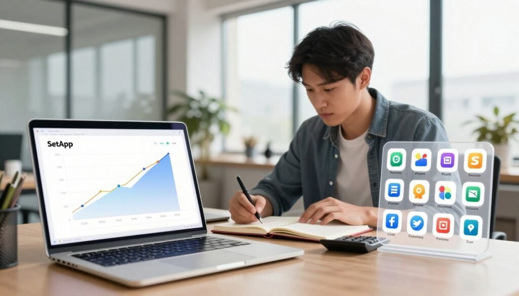 A detailed digital illustration depicting a comparative analysis of app subscription costs versus individual purchases. In the foreground, a sleek laptop displays a graph and charts illustrating cost comparisons between SetApp and individual app purchases. To the sides, neatly organized app icons are displayed, showing various popular applications. In the middle ground, a professional-looking individual, dressed in smart casual attire, analyzes the data with a focused expression, surrounded by notebooks and a calculator. The background features a modern office setting with soft, natural lighting filtering through large windows, creating a warm and inviting atmosphere. The mood conveys clarity, productivity, and financial insight, ideal for a financial analysis context. A detailed digital illustration depicting a comparative analysis of app subscription costs versus individual purchases. In the foreground, a sleek laptop displays a graph and charts illustrating cost comparisons between SetApp and individual app purchases. To the sides, neatly organized app icons are displayed, showing various popular applications. In the middle ground, a professional-looking individual, dressed in smart casual attire, analyzes the data with a focused expression, surrounded by notebooks and a calculator. The background features a modern office setting with soft, natural lighting filtering through large windows, creating a warm and inviting atmosphere. The mood conveys clarity, productivity, and financial insight, ideal for a financial analysis context.