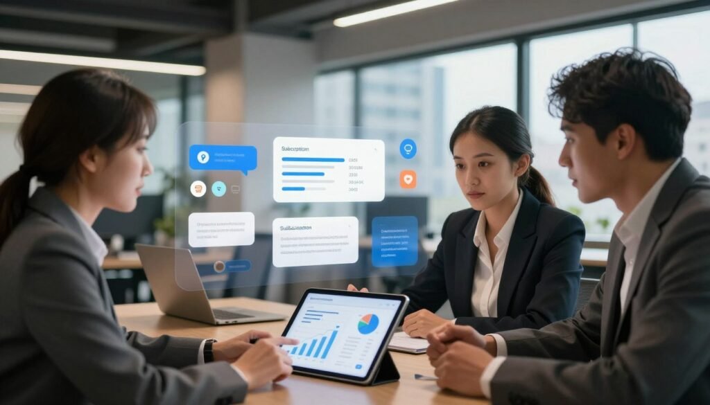 A modern office environment showcasing potential challenges and considerations of application subscriptions. In the foreground, a group of three diverse professionals in business attire are engaged in a discussion over a digital tablet displaying graphs and metrics. The middle layer features various elements representing subscription challenges, such as virtual notifications, confusing user interfaces, and fluctuating costs depicted as abstract icons or diagrams. The background depicts a sleek office space with large windows, natural light streaming in, and cityscape views. The atmosphere is one of focused collaboration and innovation, with warm and inviting lighting that highlights the seriousness of the discussion while maintaining an optimistic tone. The scene captures the essence of navigating through complexities in subscription models visually and effectively. A modern office environment showcasing potential challenges and considerations of application subscriptions. In the foreground, a group of three diverse professionals in business attire are engaged in a discussion over a digital tablet displaying graphs and metrics. The middle layer features various elements representing subscription challenges, such as virtual notifications, confusing user interfaces, and fluctuating costs depicted as abstract icons or diagrams. The background depicts a sleek office space with large windows, natural light streaming in, and cityscape views. The atmosphere is one of focused collaboration and innovation, with warm and inviting lighting that highlights the seriousness of the discussion while maintaining an optimistic tone. The scene captures the essence of navigating through complexities in subscription models visually and effectively.