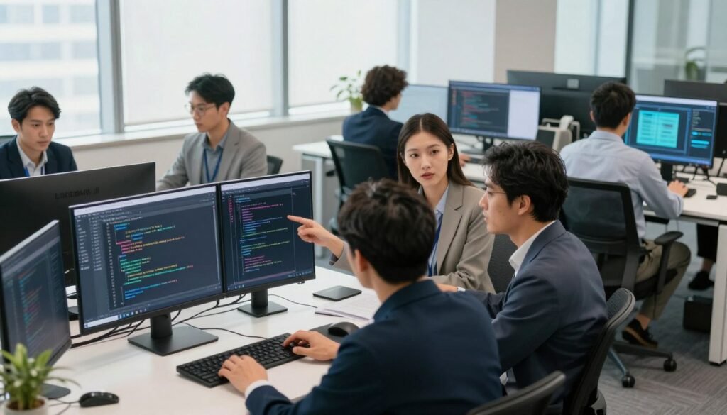 A modern office setting featuring a diverse developer team intently evaluating AI tools on multiple screens. In the foreground, a group of three professionals—two men and a woman—are engaged in discussion, all dressed in smart business attire. One man gestures towards a computer screen displaying complex code generated by BLACKBOX.AI. In the middle ground, additional team members sit at sleek desks, analyzing data on laptops with expressions of focus and curiosity. In the background, large windows let in soft natural light, creating a bright atmosphere that enhances collaboration. The scene conveys a mood of innovation and thoughtful assessment, ideal for showcasing the evaluation of AI solutions. The camera angle is slightly elevated, providing a comprehensive view of the engaged team dynamics. A modern office setting featuring a diverse developer team intently evaluating AI tools on multiple screens. In the foreground, a group of three professionals—two men and a woman—are engaged in discussion, all dressed in smart business attire. One man gestures towards a computer screen displaying complex code generated by BLACKBOX.AI. In the middle ground, additional team members sit at sleek desks, analyzing data on laptops with expressions of focus and curiosity. In the background, large windows let in soft natural light, creating a bright atmosphere that enhances collaboration. The scene conveys a mood of innovation and thoughtful assessment, ideal for showcasing the evaluation of AI solutions. The camera angle is slightly elevated, providing a comprehensive view of the engaged team dynamics.