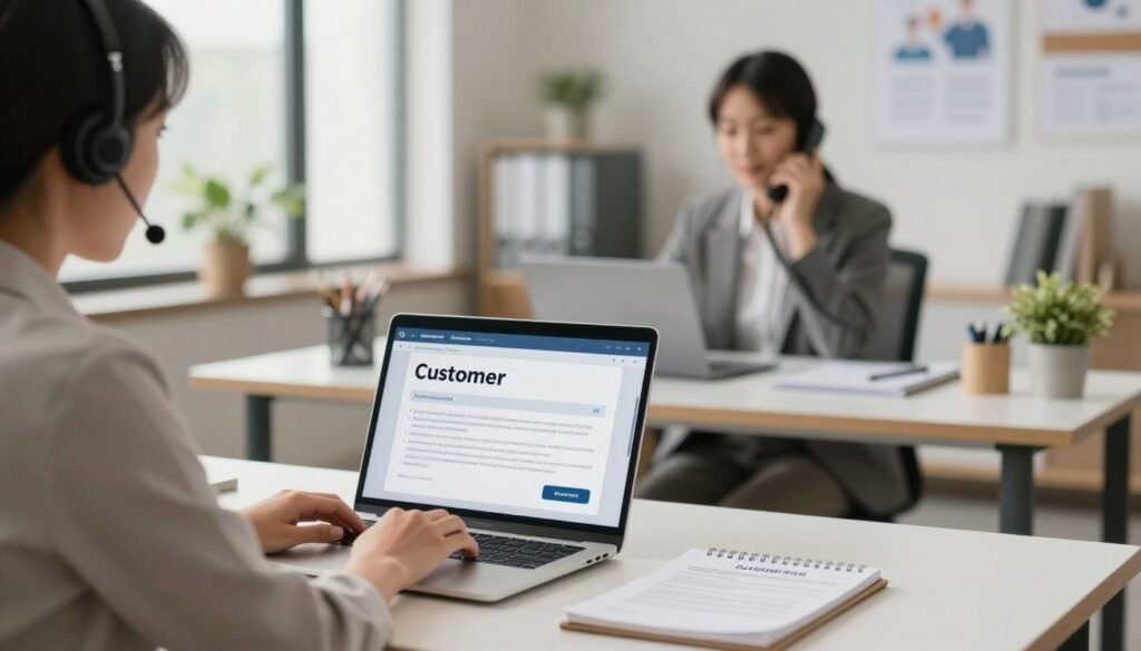 A modern, serene office environment showcasing a customer support representative engaging with a computer and a phone, emphasizing the theme of refunds and customer service. In the foreground, a focused professional wearing a business attire sits at a clean desk with a laptop displaying customer inquiries. The middle layer features a well-organized space with a notepad and a written refund policy visible. The background is softly blurred to show an inviting office setting with warm lighting, plants, and motivational posters. Use a slightly angled perspective for depth, highlighting a balanced mood of professionalism and approachability, ensuring a visually appealing representation of customer support and refund policy concepts. A modern, serene office environment showcasing a customer support representative engaging with a computer and a phone, emphasizing the theme of refunds and customer service. In the foreground, a focused professional wearing a business attire sits at a clean desk with a laptop displaying customer inquiries. The middle layer features a well-organized space with a notepad and a written refund policy visible. The background is softly blurred to show an inviting office setting with warm lighting, plants, and motivational posters. Use a slightly angled perspective for depth, highlighting a balanced mood of professionalism and approachability, ensuring a visually appealing representation of customer support and refund policy concepts.
