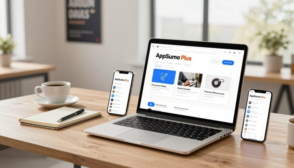 A modern, sleek desk setup showcasing the benefits of an AppSumo Plus membership. In the foreground, a laptop displays the AppSumo Plus dashboard with highlighted features like exclusive deals, early access, and premium resources. Beside it, a smartphone shows a list of software tools available through the membership. The middle layer features a cup of coffee and notepad, symbolizing productivity and ideas. In the background, a bright office environment with large windows allowing natural light, and motivational posters that evoke a sense of ambition and growth. Use a warm, inviting color palette to create an atmosphere of success and opportunity. The image should have soft lighting, shot from a slightly elevated angle to give depth and perspective. A modern, sleek desk setup showcasing the benefits of an AppSumo Plus membership. In the foreground, a laptop displays the AppSumo Plus dashboard with highlighted features like exclusive deals, early access, and premium resources. Beside it, a smartphone shows a list of software tools available through the membership. The middle layer features a cup of coffee and notepad, symbolizing productivity and ideas. In the background, a bright office environment with large windows allowing natural light, and motivational posters that evoke a sense of ambition and growth. Use a warm, inviting color palette to create an atmosphere of success and opportunity. The image should have soft lighting, shot from a slightly elevated angle to give depth and perspective.