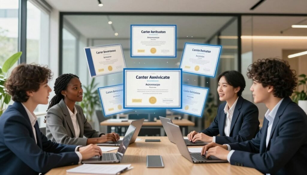 A professional setting showcasing the concept of career advancement through online certificates. In the foreground, a diverse group of four individuals, dressed in smart business attire, are engaged in a discussion around a table filled with laptops and digital devices. The middle ground features floating, vibrant digital certificates highlighting various fields like technology, business, and arts, symbolizing online course completion. In the background, a modern office environment with glass walls and greenery, illuminated by warm, natural light flooding in from large windows, creates an inviting atmosphere. The scene captures focused expressions and excitement, embodying the value of professional online education. A professional setting showcasing the concept of career advancement through online certificates. In the foreground, a diverse group of four individuals, dressed in smart business attire, are engaged in a discussion around a table filled with laptops and digital devices. The middle ground features floating, vibrant digital certificates highlighting various fields like technology, business, and arts, symbolizing online course completion. In the background, a modern office environment with glass walls and greenery, illuminated by warm, natural light flooding in from large windows, creates an inviting atmosphere. The scene captures focused expressions and excitement, embodying the value of professional online education.